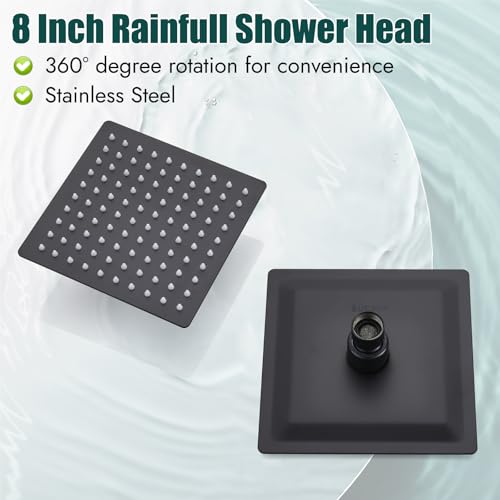 Heyalan 8 Inch Shower Head and Handle Set Square Shower Faucet Set Bathroom Rainfall Shower System Stainless Steel Showerhead Single Function Shower Trim Kit,Female Thread Valve,Matte Black - Image 4