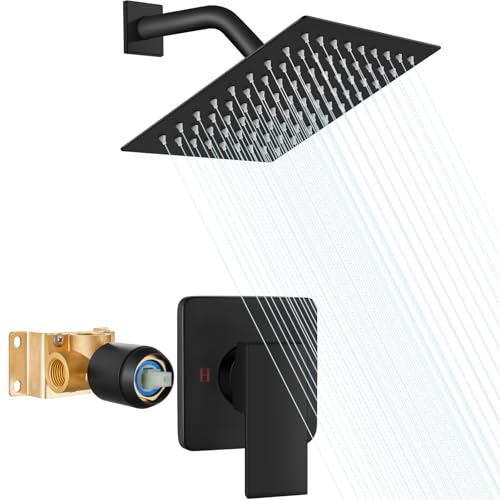 Heyalan 8 Inch Shower Head and Handle Set Square Shower Faucet Set Bathroom Rainfall Shower System Stainless Steel Showerhead Single Function Shower Trim Kit,Female Thread Valve,Matte Black - Image 1