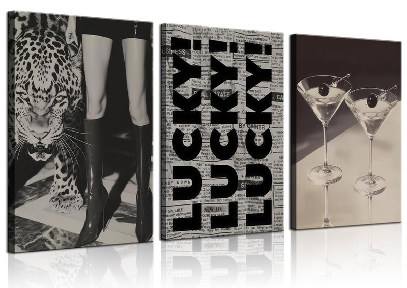 FFJ Trendy Leopard Canvas Wall Art Fashion Cheetah Lucky Martini Wall Decor Pictures Funky Vintage Preppy Luxury Aesthetic Posters Prints for Girly Bedroom Apartment Dorm Decoration 12x16in - Image 1