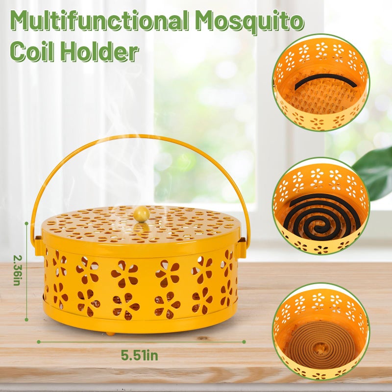 Whiidoom Portable Iron Mosquito Coil Holder with Handle Round Heat-Resistant Incense Holder (Yellow) - Image 2