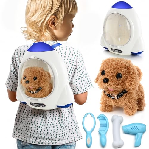 WorWoder Electronic Interactive Plush Puppy Battery Operated Mechanical Walking Little Pet Dog with a Cute Bag Barking Tail Wagging Stretching Companion Animal for Toddlers Kids Brown - Image 1