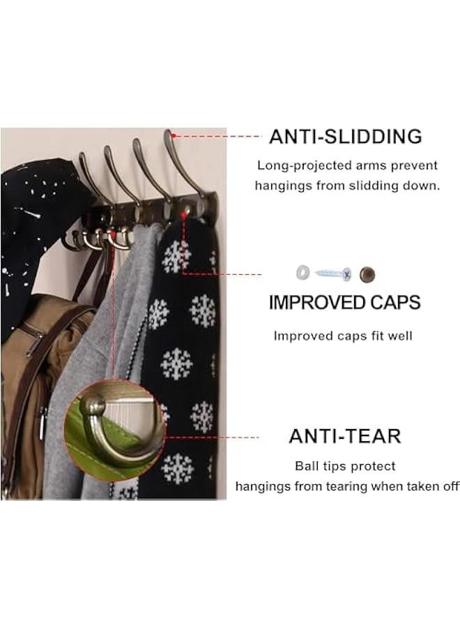 Wall Mounted Coat Rack - 5 Tri Hooks, Heavy Duty, Stainless Steel, Metal Coat Hook Rail for Coat Hat Towel Purse Robes Mudroom Bathroom Entryway, Bronze, 2 Packs (46-05) - Image 3