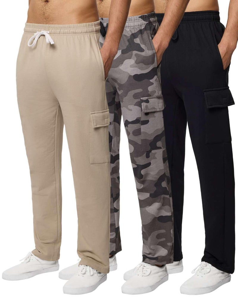 Real Essentials 3 Pack Mens Tech Fleece Open Bottom Cargo Sweatpants with Pockets Available in Big Tall Set 4 2XL