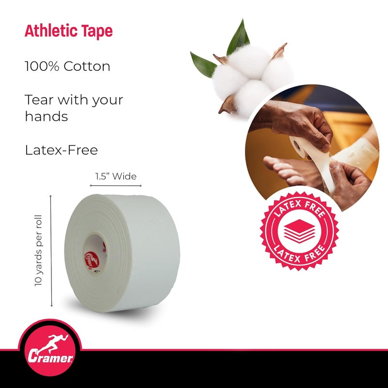 Cramer Team Color Athletic Tape, 1.5" x 10 Yards White, Easy Tear Sports Tape for Ankle, Wrist & Knee, Latex-Free Adhesive, Strong Support, Athletic Training Tape Roll - Image 2