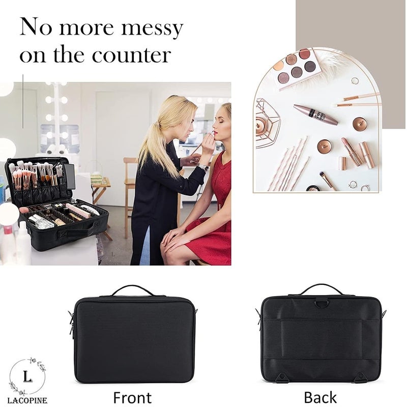 JUDEE Professional Makeup Train Case Cosmetic Toiletry Bag Travel Organizer Make up Artist Master Waterproof Case Portable Storage with Adjustable Dividers Accessories Tools Brushes Pouch(Black) - Image 2