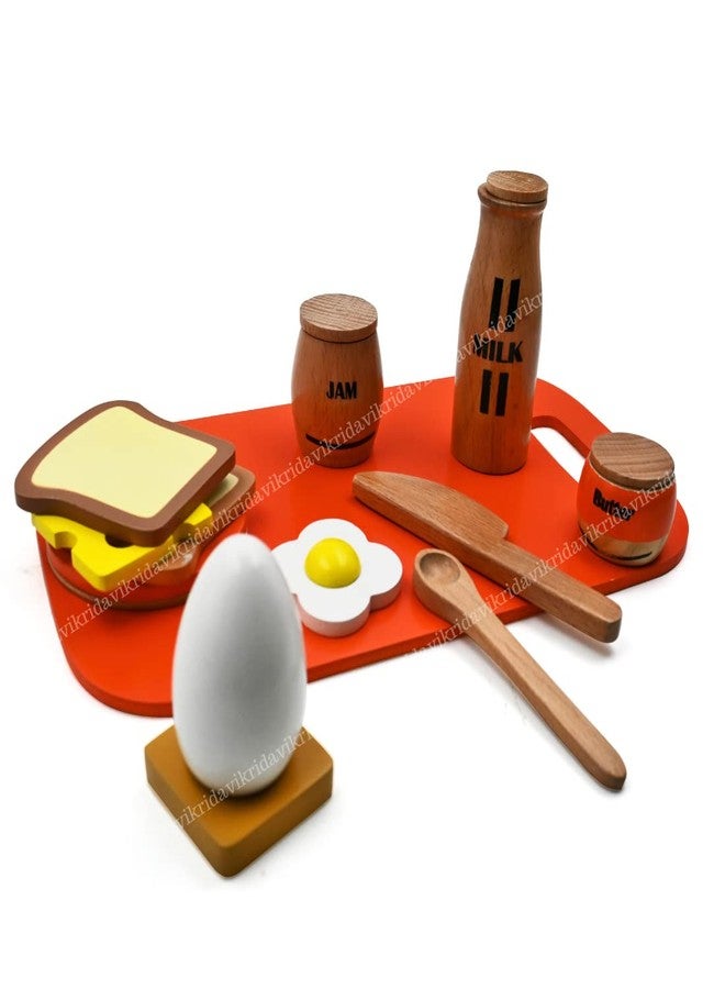 VikriDA Wooden Play Food for Toddlers - 16 Pieces Breakfast Pretend Toy Food for Play Kitchen Accessories - Orange Color - Image 4