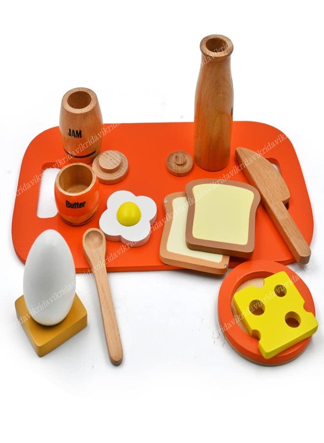 VikriDA Wooden Play Food for Toddlers - 16 Pieces Breakfast Pretend Toy Food for Play Kitchen Accessories - Orange Color - Image 1