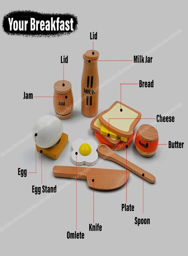 VikriDA Wooden Play Food for Toddlers - 16 Pieces Breakfast Pretend Toy Food for Play Kitchen Accessories - Orange Color - Image 2