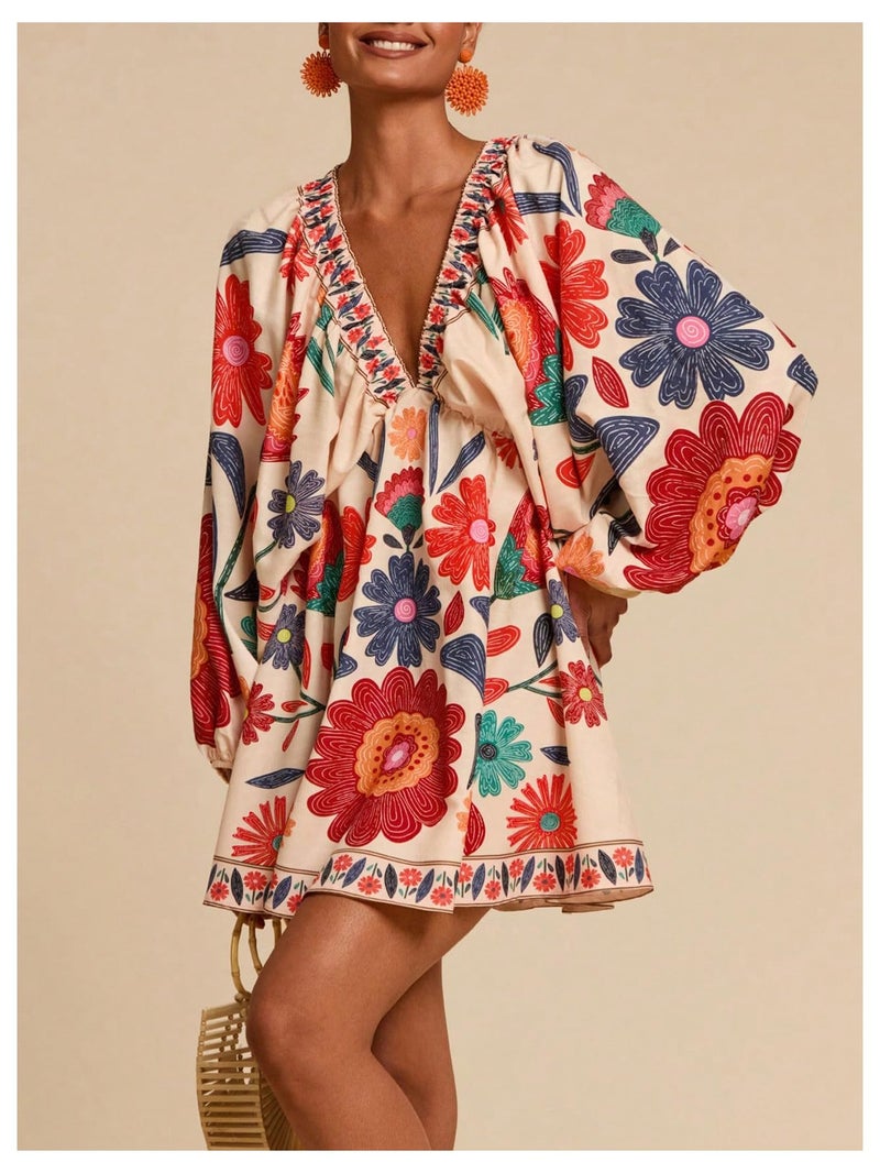 WDIRARA Women's Boho Floral V Neck Short Dress Lantern Sleeve Tie Back Flowy Tropical Dresses Multicolor Boho Small - Image 3