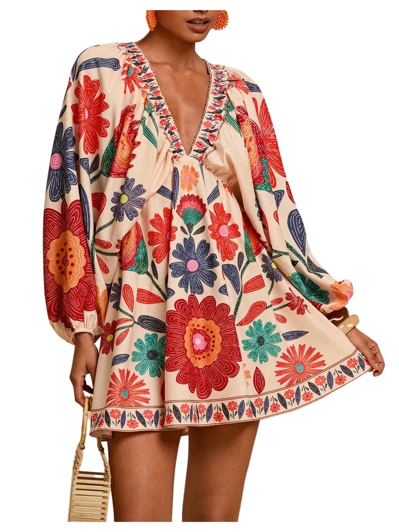 WDIRARA Women's Boho Floral V Neck Short Dress Lantern Sleeve Tie Back Flowy Tropical Dresses Multicolor Boho Small - Image 1