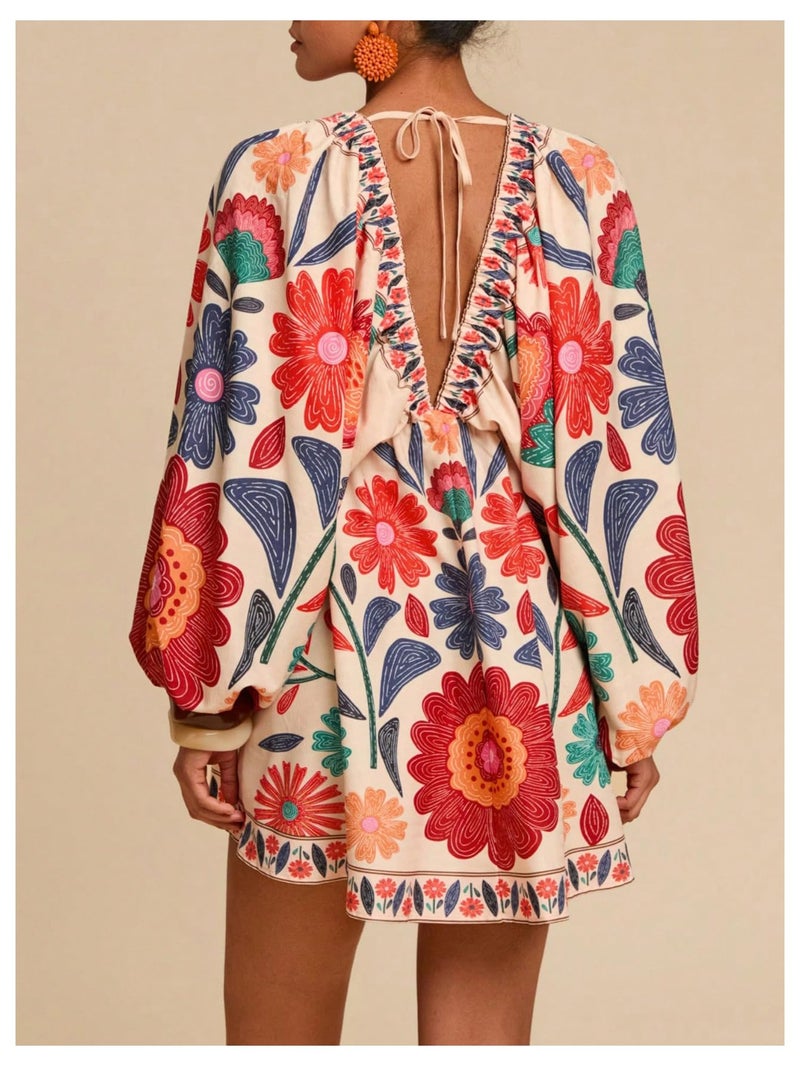 WDIRARA Women's Boho Floral V Neck Short Dress Lantern Sleeve Tie Back Flowy Tropical Dresses Multicolor Boho Small - Image 2