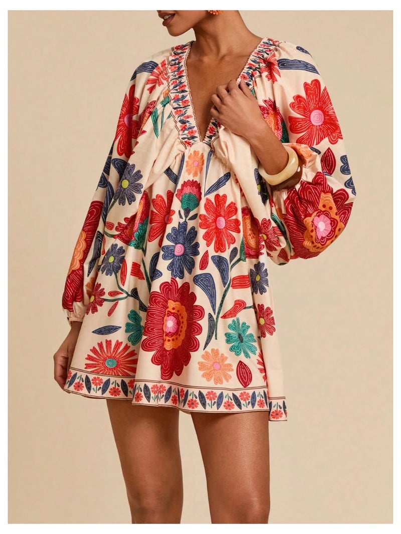 WDIRARA Women's Boho Floral V Neck Short Dress Lantern Sleeve Tie Back Flowy Tropical Dresses Multicolor Boho Small - Image 5