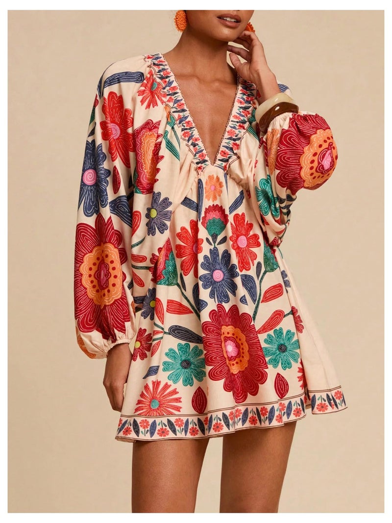 WDIRARA Women's Boho Floral V Neck Short Dress Lantern Sleeve Tie Back Flowy Tropical Dresses Multicolor Boho Small - Image 4