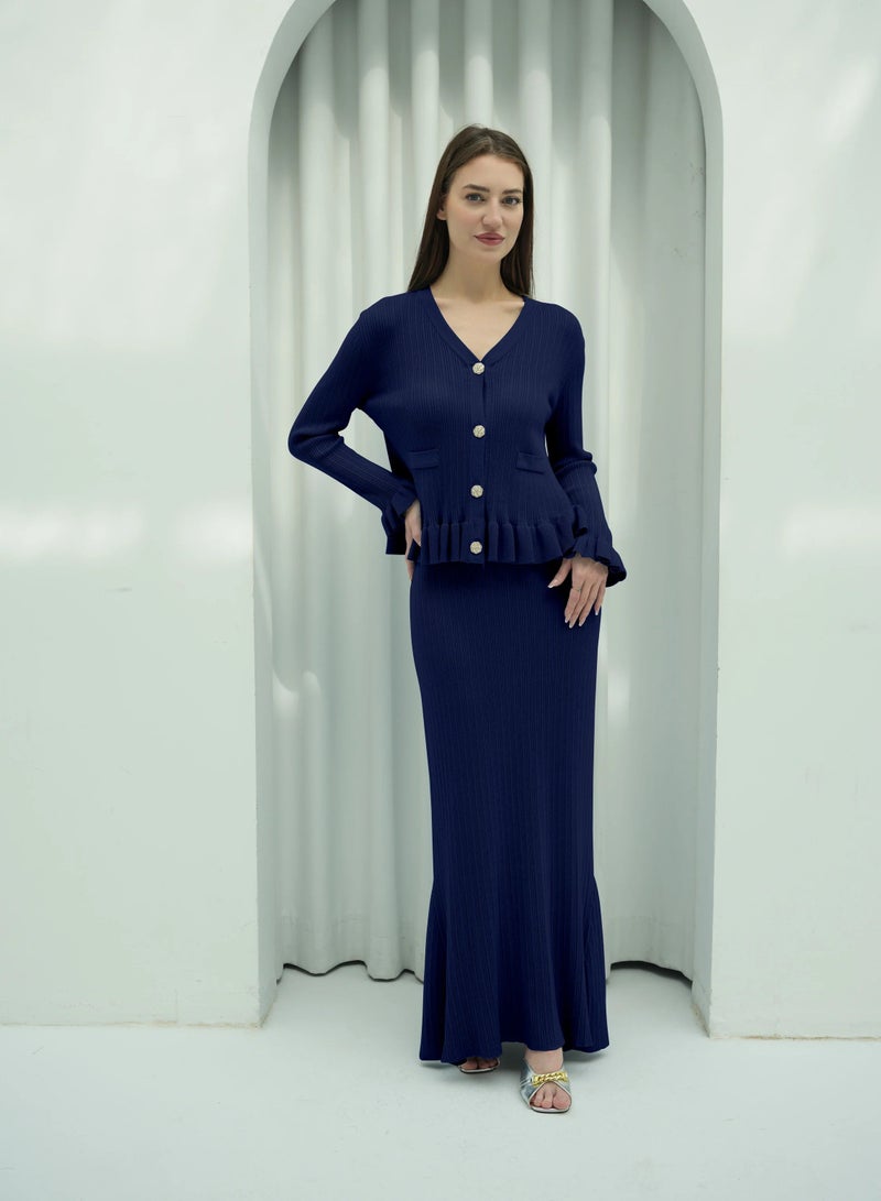 Andy 2332 | Elegant Ribbed Cotton Knit Two-Piece Set with Button-Front Peplum Top and Flared Maxi Skirt | Navy Blue