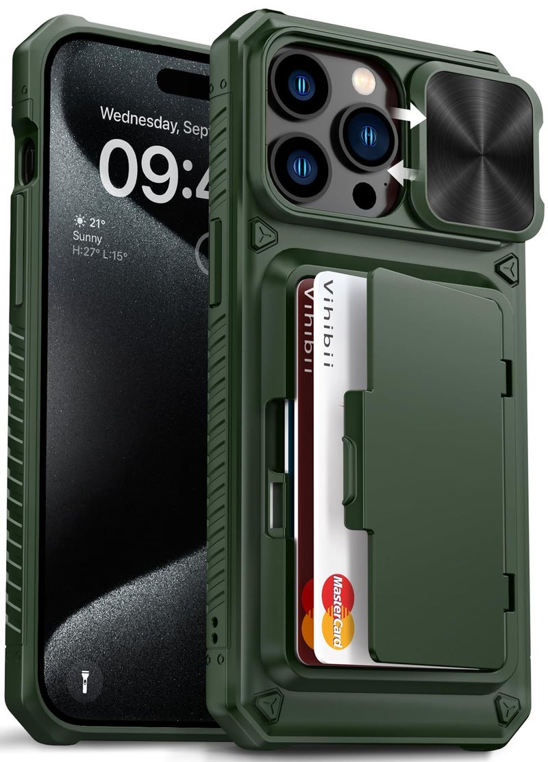 Vihibii for iPhone 15 Pro Max Case with Card Holder (4 Cards) & Slide Camera Cover & Kickstand, Military Grade Drop Protection, Rugged Hard Back & Silicone Edge Wallet Phone Case, 6.7" 2023, Green - Image 1