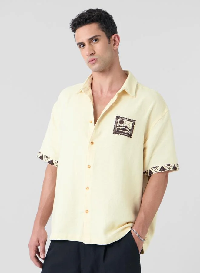 The Souled Store Men Cream Textured Oversized Shirt