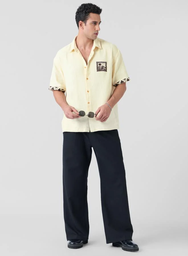 The Souled Store Men Cream Textured Oversized Shirt