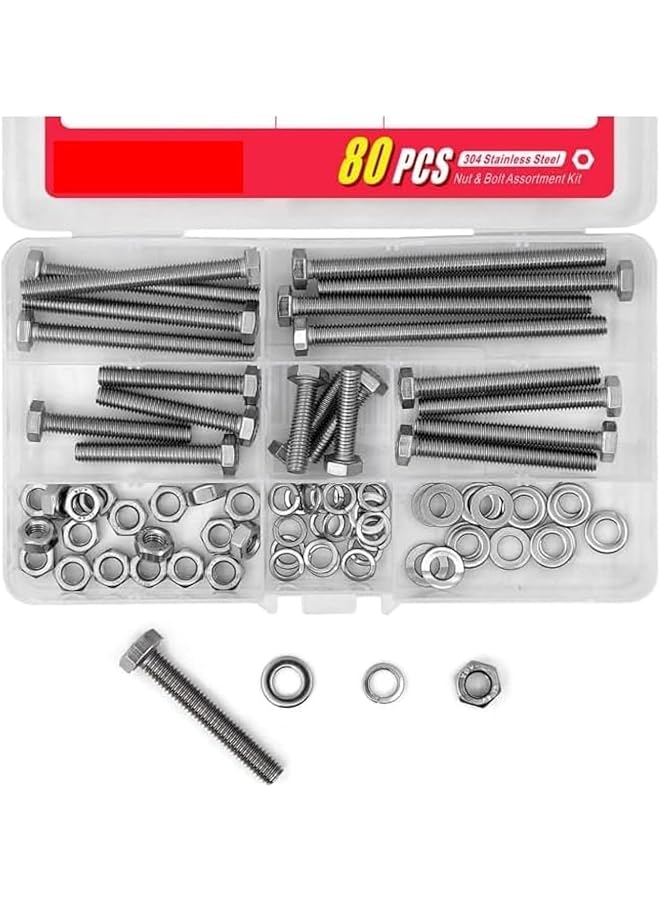 promass 20Set M6 Stainless Steel Hex Head Screws Bolts and Nuts Flat & Lock Washers Assortment Kit, 304 Stainless Steel 18-8,Fully Machine Thread 25mm 40mm 50mm 60mm 80mm - Image 1