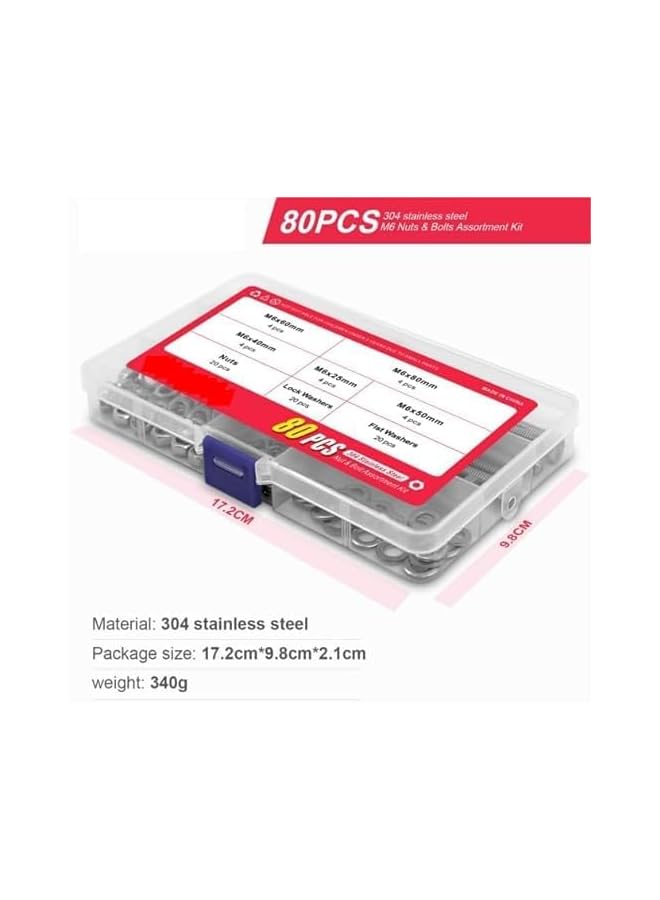 promass 20Set M6 Stainless Steel Hex Head Screws Bolts and Nuts Flat & Lock Washers Assortment Kit, 304 Stainless Steel 18-8,Fully Machine Thread 25mm 40mm 50mm 60mm 80mm - Image 2