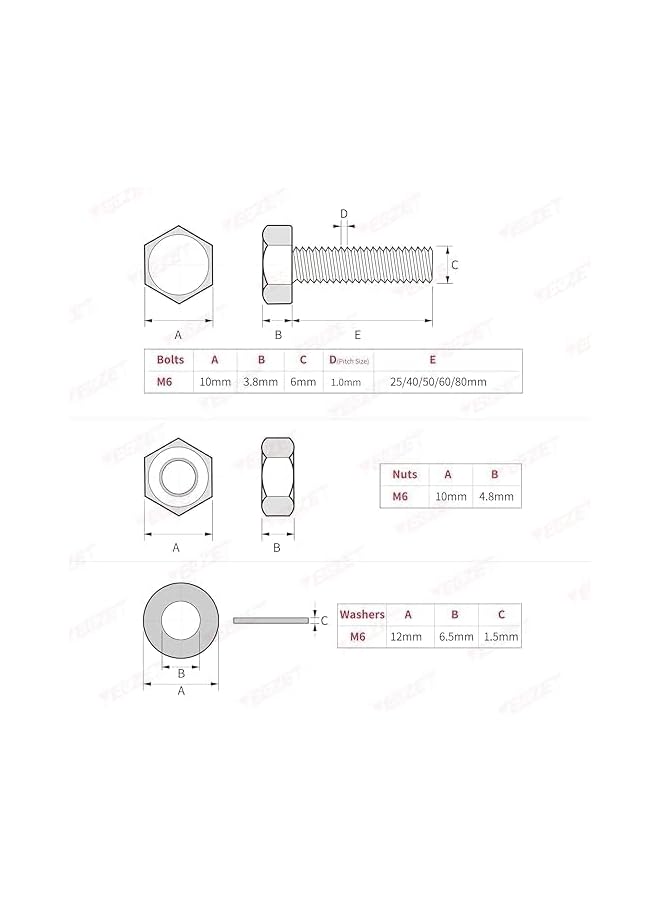 promass 20Set M6 Stainless Steel Hex Head Screws Bolts and Nuts Flat & Lock Washers Assortment Kit, 304 Stainless Steel 18-8,Fully Machine Thread 25mm 40mm 50mm 60mm 80mm - Image 5