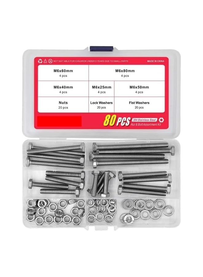 promass 20Set M6 Stainless Steel Hex Head Screws Bolts and Nuts Flat & Lock Washers Assortment Kit, 304 Stainless Steel 18-8,Fully Machine Thread 25mm 40mm 50mm 60mm 80mm - Image 3