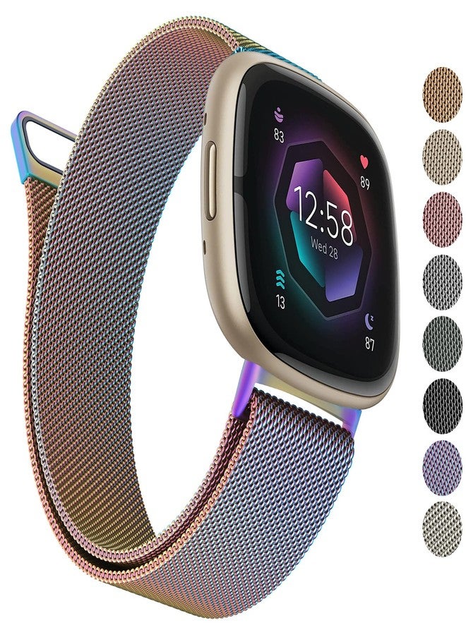 AK Metal Band Compatible with Fitbit Sense 2 /Sense Bands/Versa 4 / Versa 3 Bands Women Men, Stainless Steel Mesh Loop Strap for Fitbit Sense 2/Sense/Versa 4/Versa 3 Smart Watch (Small,Colorful) - Image 1