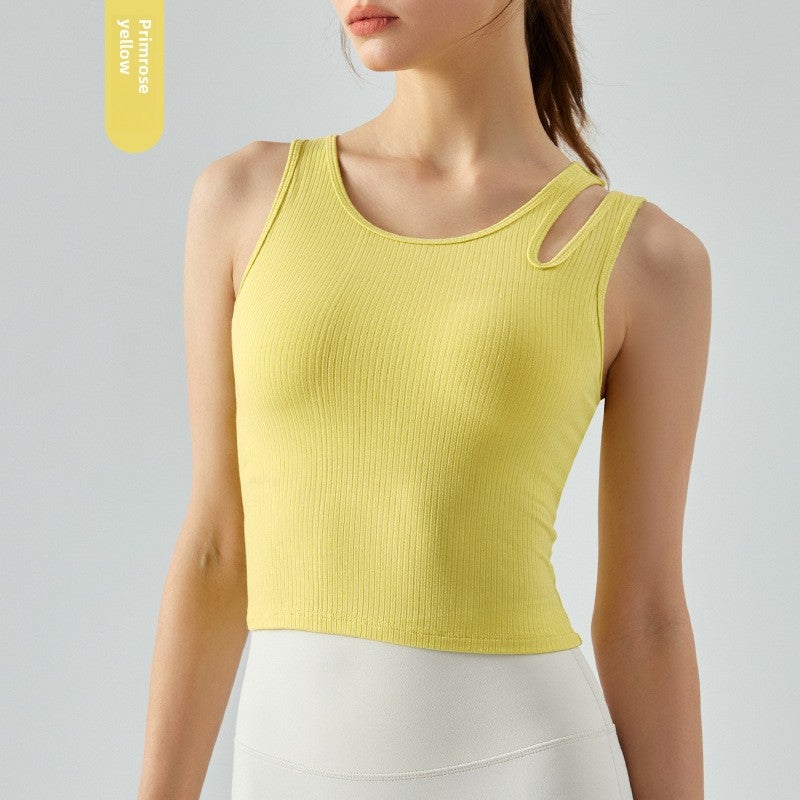 Generic Summer French Knit Sport Tank Asymmetric Pilates Yoga Top Women Primrose Yellow  - Image 1