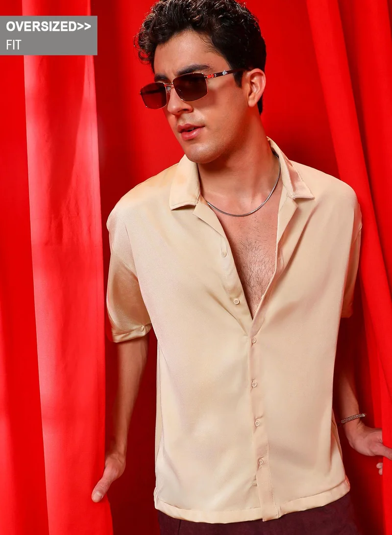 كامبوس سوترا قميص رجالي ساتان ذهبي شامبين بقصة واسعة