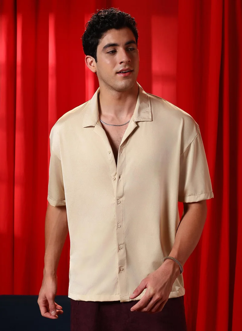 كامبوس سوترا قميص رجالي ساتان ذهبي شامبين بقصة واسعة