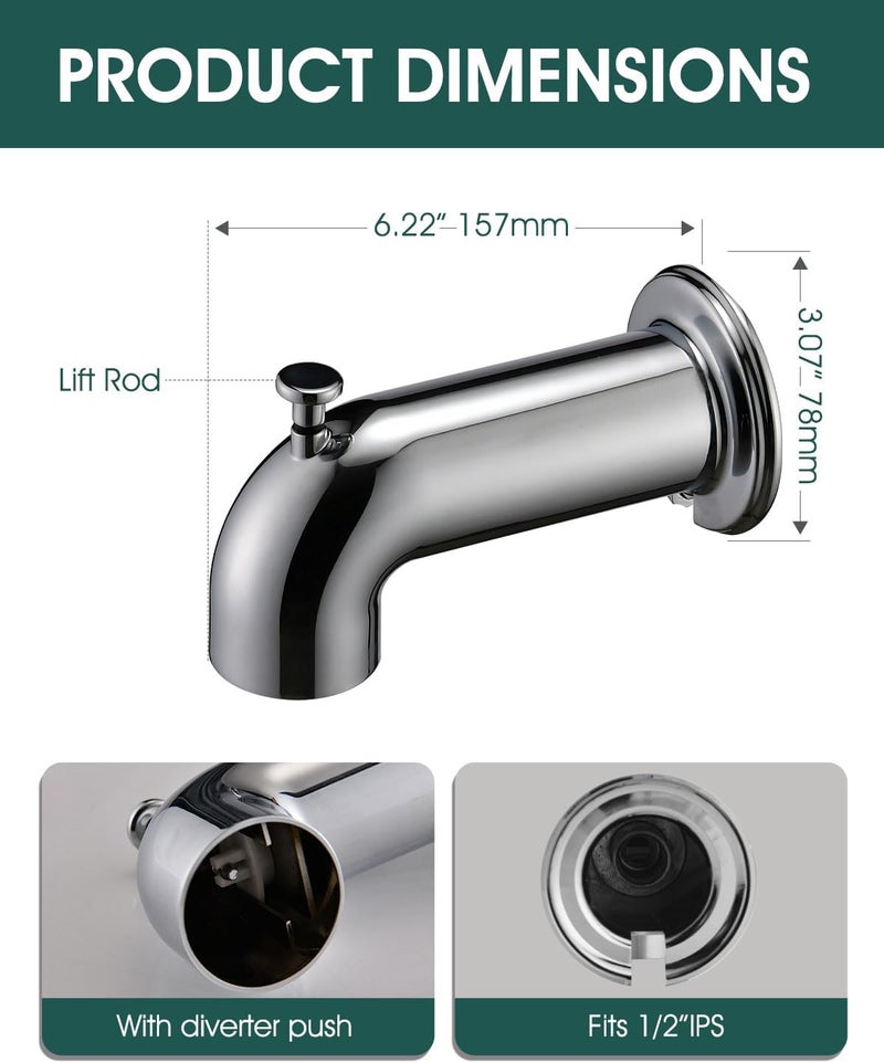 LOCALAND Extra Long Tub Spout with Diverter, Fits for 1/2" IPS Threads,Chrome Plated - Image 5