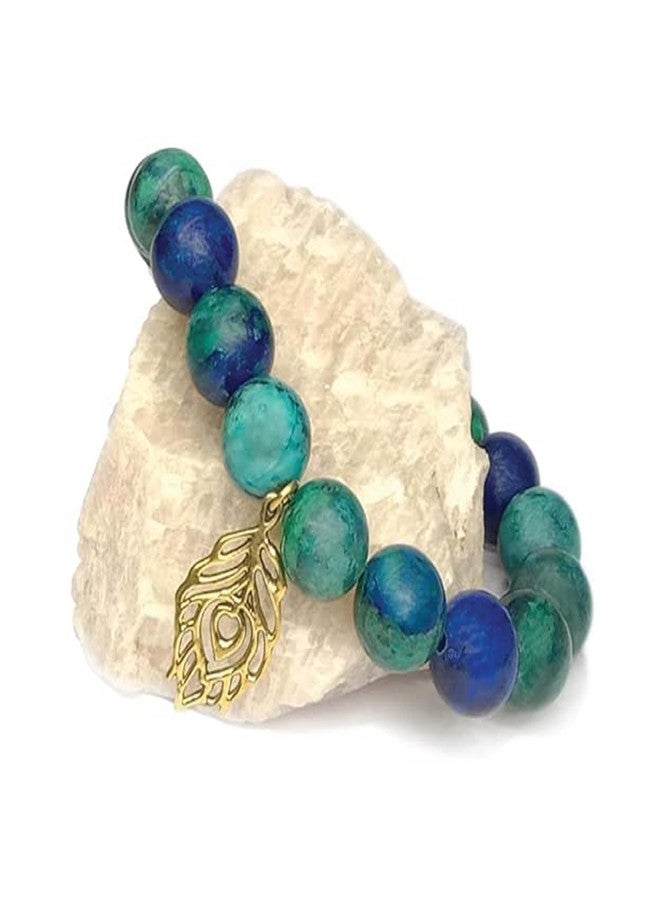 Chitshakti Peacock Blue Bracelet | Azurite | Unisex both for Men & Women | 18beads Stretchable Bracelet with Unakite Stone | Natural Crystal Healing Stone - Image 1