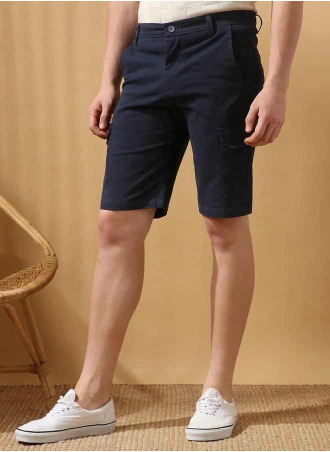دينيس لينغو Navy 98% Cotton 2 % Elastane Solid Pattern Regular Fit Shorts for Men Short Bottom Body Wear Cargo Button Closure Woven Weave Mid Rise Waist - Perfect for Lifestyle Occasions
