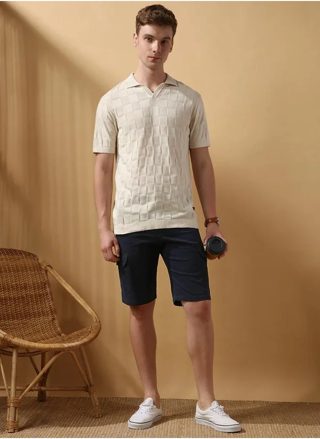 دينيس لينغو Navy 98% Cotton 2 % Elastane Solid Pattern Regular Fit Shorts for Men Short Bottom Body Wear Cargo Button Closure Woven Weave Mid Rise Waist - Perfect for Lifestyle Occasions