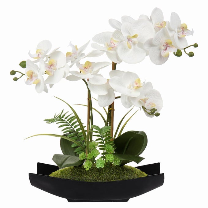 ORCHID ARTIFICIAL FLOWERS 15IN WHITE FAKE ORCHID SILK FLOWERS WITH BLACK POT FAUX PHALAENOPSIS ARRANGEMENT FOR HOME OFFICE ROOM TABLE CENTERPIECE MODERN DECOR