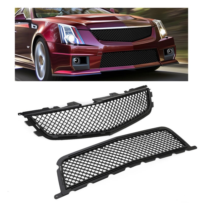 HECASA Front Upper & Lower Grille for 2008-2014 Cadillac CTS-V Coupe/Wagon/Sedan - Black Mesh Grill Replacement