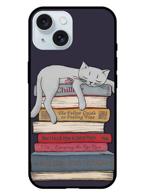 Protective Case Anti Scratch Shock Proof Bumper Cover For iPhone 15 Cat With Books