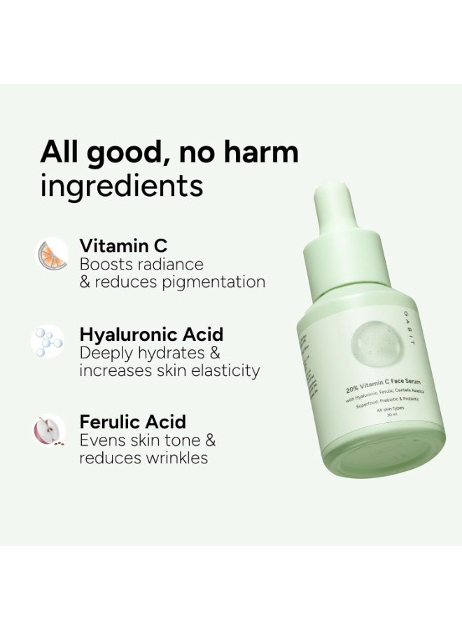 Gabit 20% Vitamin C Face Serum for Glowing Skin | Brightening Serum for Dark Spots, Dull Skin, Tanned Skin | Improves Wrinkles | Hyaluronic, Ferulic, CiCa, Prebiotic, Probiotic | Oil & PEG free |30 ml - Image 3