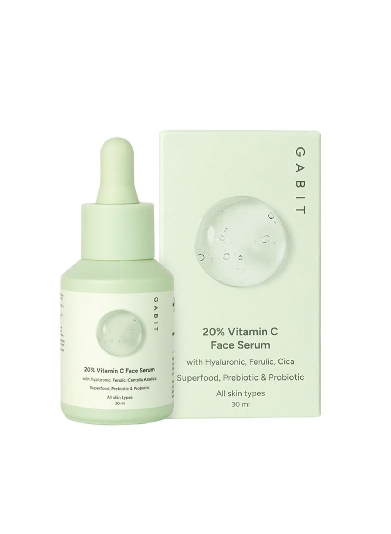 Gabit 20% Vitamin C Face Serum for Glowing Skin | Brightening Serum for Dark Spots, Dull Skin, Tanned Skin | Improves Wrinkles | Hyaluronic, Ferulic, CiCa, Prebiotic, Probiotic | Oil & PEG free |30 ml - Image 1