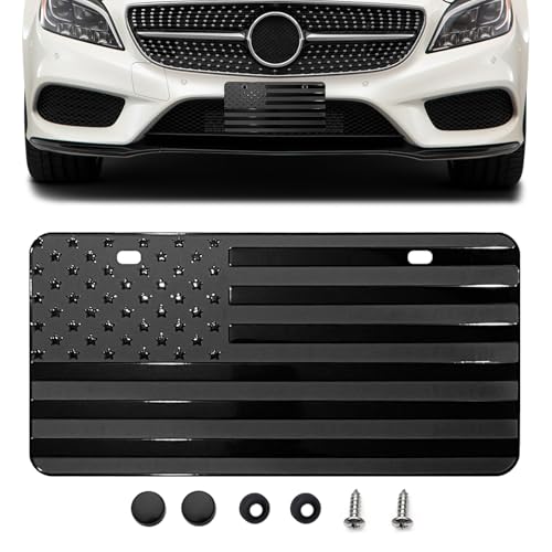 Eponcia American Flag Front License Plate Custom Black American Flag License Plate for Car Front Bumper 6 x 12 Novelty Metal 3D Embossed US Tag Cover Patriotic Decoration Car Holders FrameBlack - Image 1
