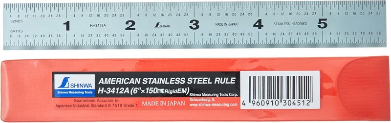 Shinwa H-3412A 6" (150 mm) Rigid English Metric Zero Glare Satin Chrome Stainless Steel Ruler with Graduations - Image 1