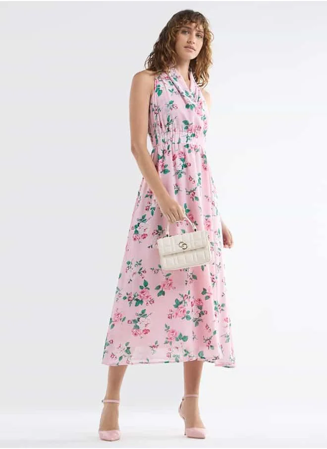 FAV All-Over Floral Print Sleeveless Dress with Lapel Collar