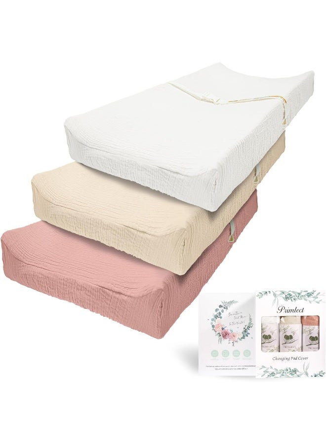 PRIMLECT Muslin Changing Pad Cover Unisex, Solid Color Muslin Baby Changing Mats for Boys & Girls, 100% Cotton 3-Pack Breathable and Skin-Friendly Changing Table Covers, Large - Image 1