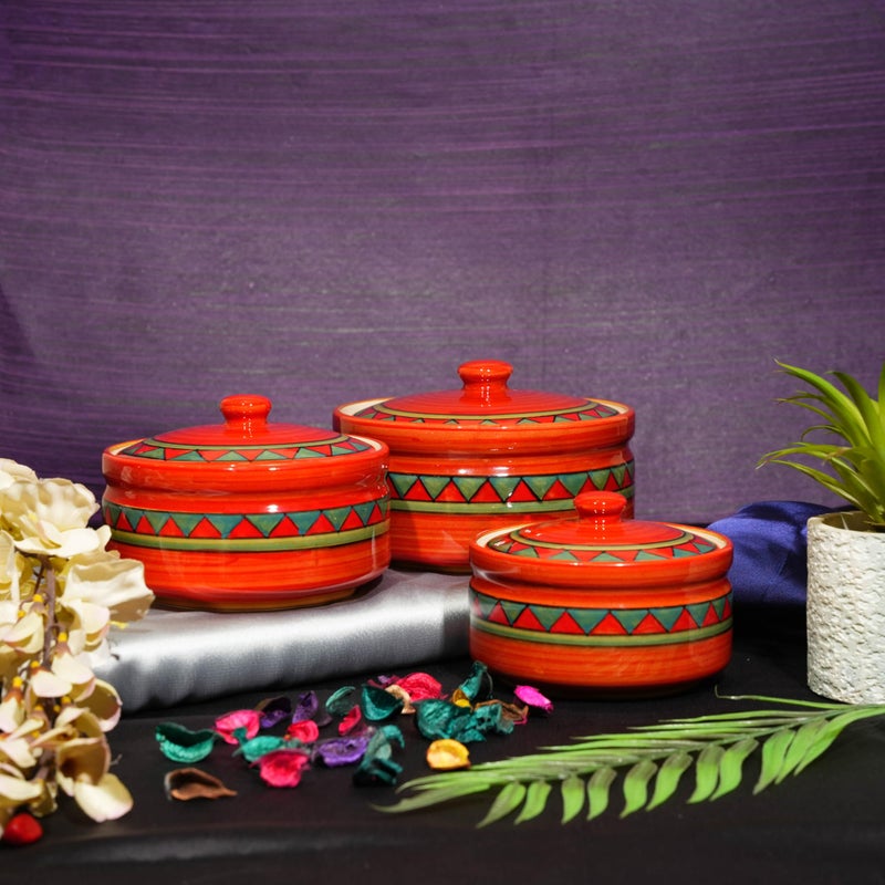 Caffeine Ceramic Handmade Rustic Brown Serving Casserole with Lid (Set of 3) - Image 1