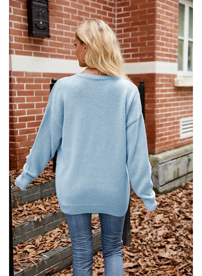 NIBEMINENT Women's Casual Long Sleeved Knitted Sweater Loose Coozy Round Neck 3D Flower Crochet Autumn Winter Sweater - Image 2