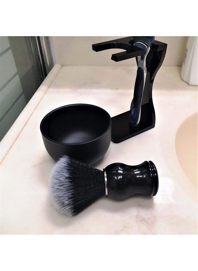JEQUIL&CORENVEO Je&Co Men's Shaving Brush Set, 3 in 1 Synthetic Shaving Brush with Acrylic Stand and Steel Bowl - Image 4