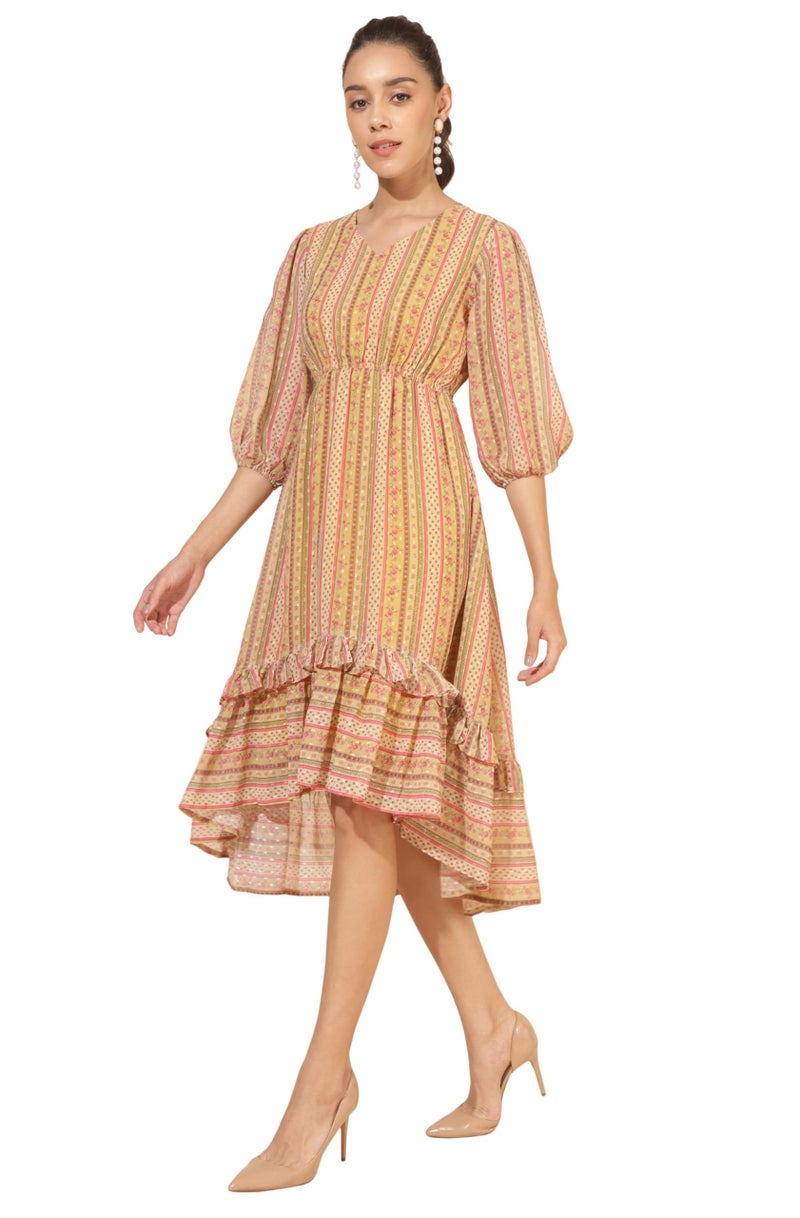Janasya Women's Yellow Dobby Georgette Printed High Low Dress(JNE4348-DR-XXXL) - Image 3