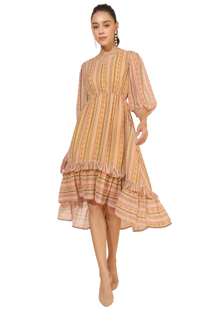 Janasya Women's Yellow Dobby Georgette Printed High Low Dress(JNE4348-DR-XXXL) - Image 1