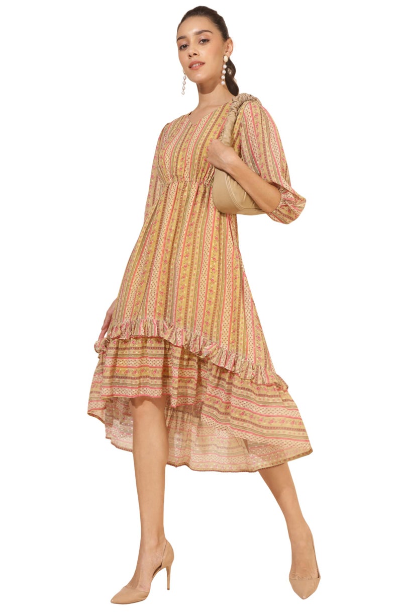 Janasya Women's Yellow Dobby Georgette Printed High Low Dress(JNE4348-DR-XXXL) - Image 2