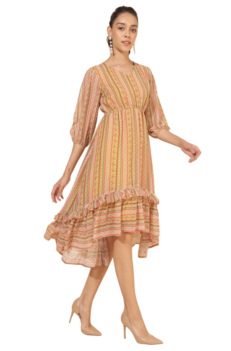 Janasya Women's Yellow Dobby Georgette Printed High Low Dress(JNE4348-DR-XXXL) - Image 4
