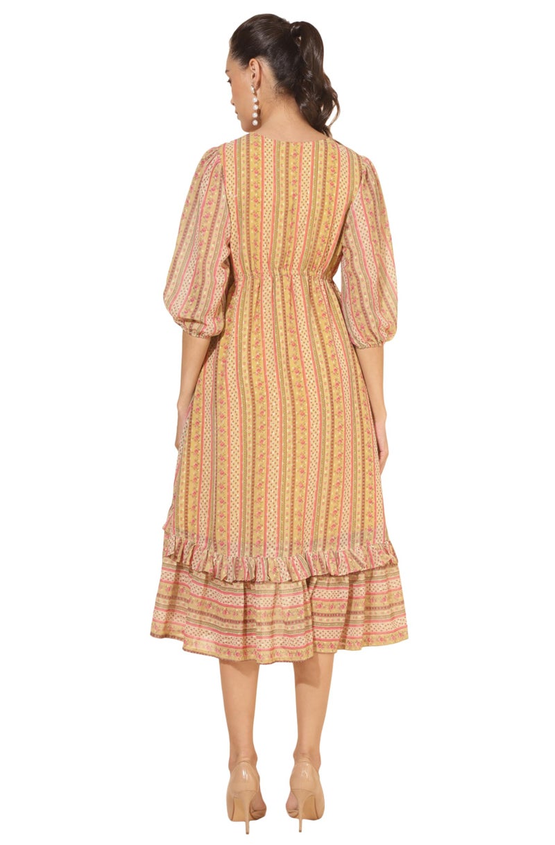 Janasya Women's Yellow Dobby Georgette Printed High Low Dress(JNE4348-DR-XXXL) - Image 5